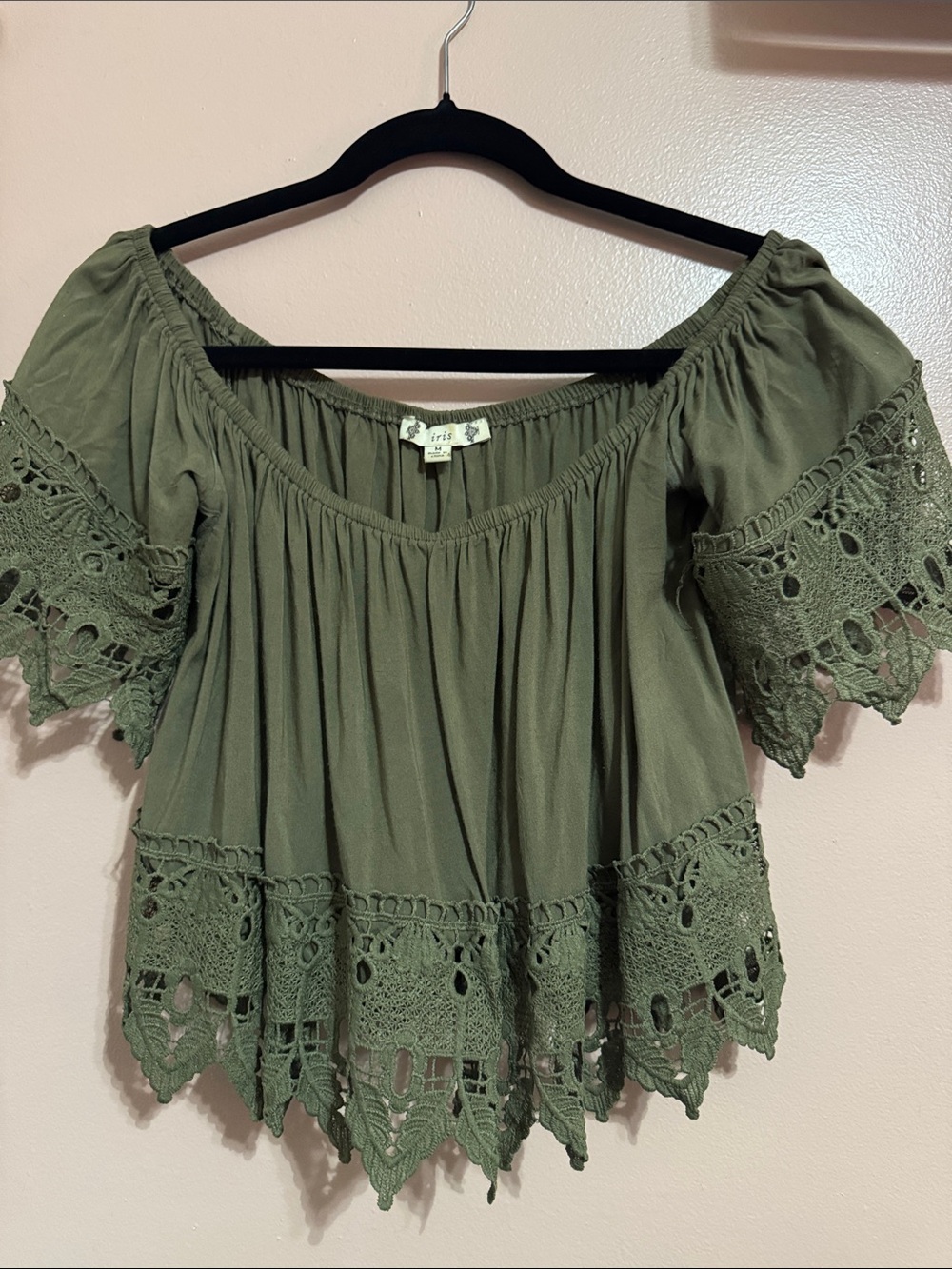 iris Olive Green Off-Shoulder Crochet-Trim Crop Top